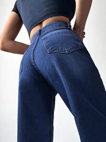 SHEIN PETITE Slant Pocket Straight Leg Jeans - Dark Wash - View 3