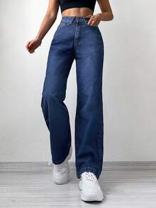 SHEIN PETITE Slant Pocket Straight Leg Jeans - Dark Wash - View 4