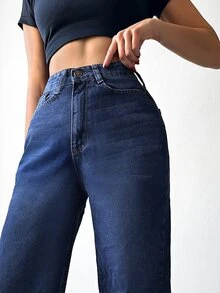 SHEIN PETITE Slant Pocket Straight Leg Jeans - Dark Wash - View 5