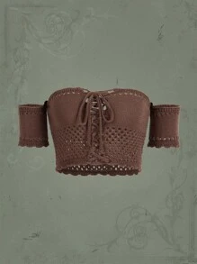 ROMWE Goth Off Shoulder Lace Up Front Hollow Out Crop Knit Top - Coffee Brown - View 1