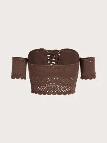 ROMWE Goth Off Shoulder Lace Up Front Hollow Out Crop Knit Top - Coffee Brown - View 2