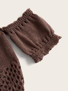 ROMWE Goth Off Shoulder Lace Up Front Hollow Out Crop Knit Top - Coffee Brown - View 4