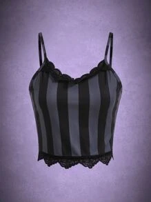 ROMWE Striped Contrast Lace Cami Top - Multicolor - View 1