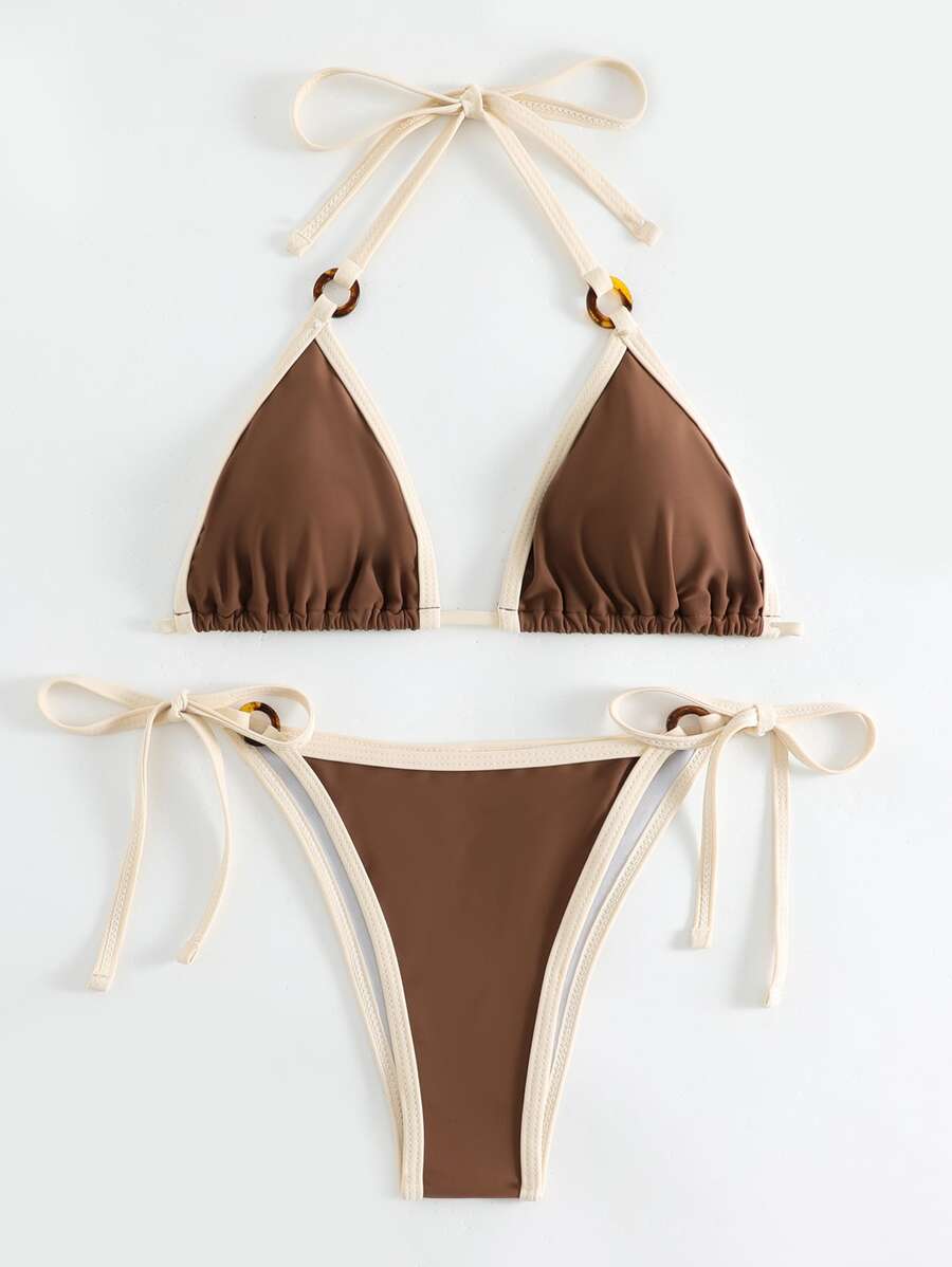 Swim Basics Conjunto de bikini con sujetador triangulo y Bottom de nudos en los lados con ribete de contraste para playa de verano - Café integral - Ver 1
