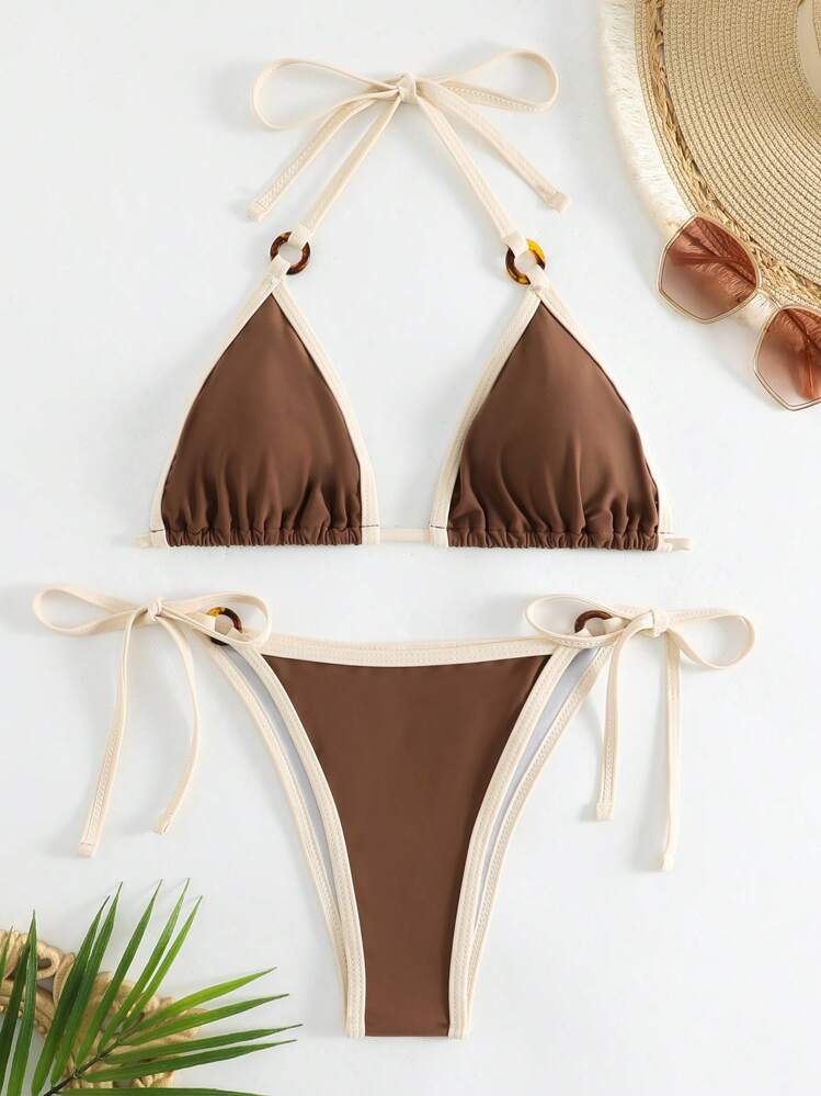 Swim Basics Conjunto de bikini con sujetador triangulo y Bottom de nudos en los lados con ribete de contraste para playa de verano - Café integral - Añade 3