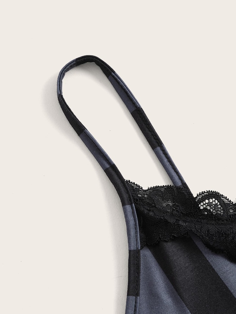 ROMWE 條紋圖案蕾絲拼接吊帶上衣 - 彩色 - 查看 3