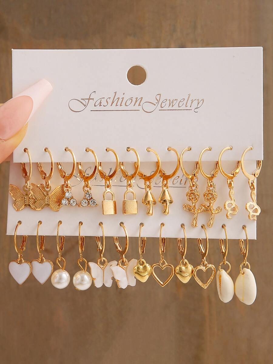 12 cặp/bộ rang trí Trái tim & Ngọc trai giả Hoa tai - Vàng - Xem 1