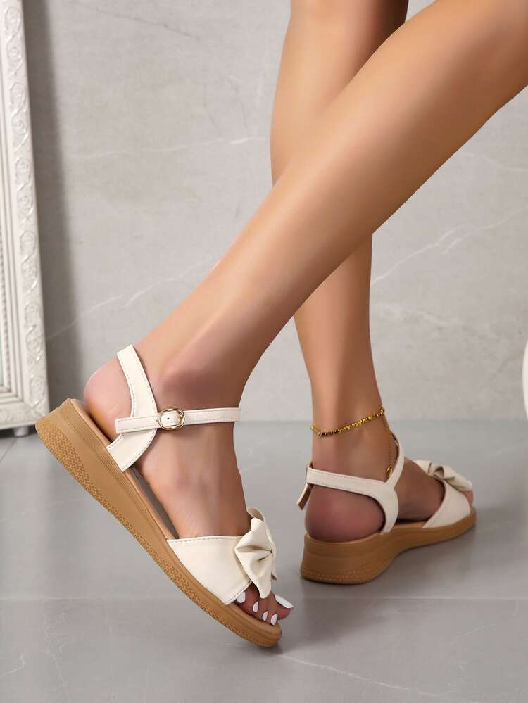 優雅踝帶坡跟涼鞋適用於女士蝴蝶結裝飾針腳細節涼鞋 - 米色 - 查看 3