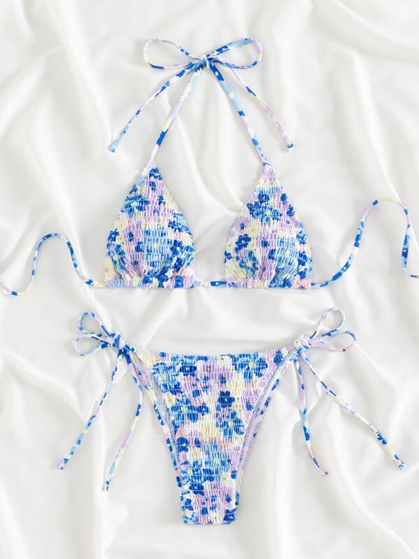 Swim Mod Conjunto de bikini de 2 piezas con estampado floral aleatorio, parte superior en triángulo de tirantes fruncidos y Bottom de bikini con lazos laterales para playa de verano