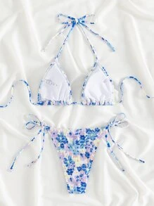 Swim Mod Summer Beach Random Floral Print Bikini Set Smocked Halter Triangle Bra Top & Tie Side Bikini Bottom 2 Pieces Bikini