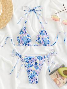 Swim Mod Summer Beach Random Floral Print Bikini Set Smocked Halter Triangle Bra Top & Tie Side Bikini Bottom 2 Pieces Bikini