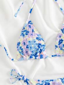 Swim Mod Summer Beach Random Floral Print Bikini Set Smocked Halter Triangle Bra Top & Tie Side Bikini Bottom 2 Pieces Bikini