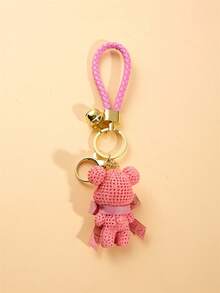 一隻卡通樹脂和羊毛線熊公仔鑰匙扣，時尚可愛的熊毛絨掛飾，適用於汽車上 - 粉色 - 查看 2
