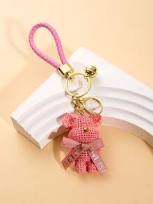 一隻卡通樹脂和羊毛線熊公仔鑰匙扣，時尚可愛的熊毛絨掛飾，適用於汽車上 - 粉色 - 查看 3