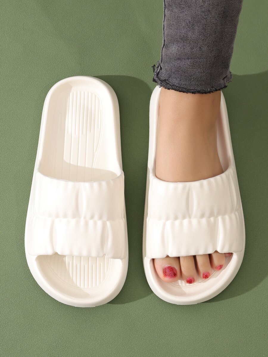 Preppy White Slides For Women, Geometric Embossed Single Band EVA Slippers,Beach Outfits - White - View 1