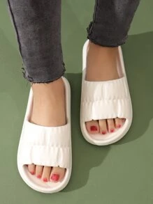 Preppy White Slides For Women, Geometric Embossed Single Band EVA Slippers,Beach Outfits - White - View 3