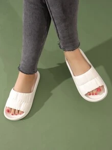 Preppy White Slides For Women, Geometric Embossed Single Band EVA Slippers,Beach Outfits - White - View 4