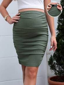 SHEIN Maternity Adjustable Waist Ruched Bodycon Skirt - Green - View 1