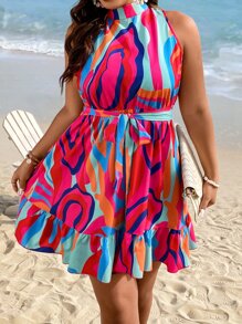 SHEIN Clasi Vestido con cinturón con estampado bajo con fruncido