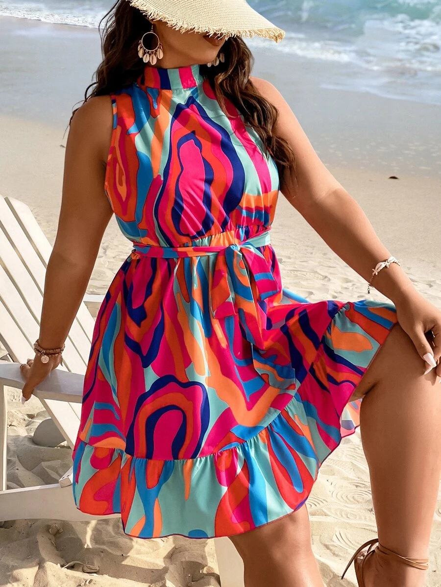 SHEIN Clasi Vestido con cinturón con estampado bajo con fruncido