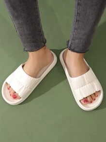 Preppy White Slides For Women, Geometric Embossed Single Band EVA Slippers,Beach Outfits - White - View 7