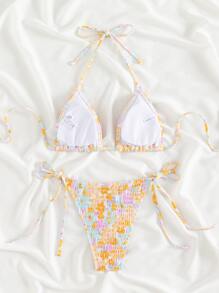 Swim Mod Summer Beach Random Floral Print Bikini Set Smocked Halter Triangle Bra Top & Tie Side Bikini Bottom 2 Pieces Bikini - Multicolor - View 2