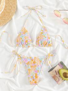 Swim Mod Summer Beach Random Floral Print Bikini Set Smocked Halter Triangle Bra Top & Tie Side Bikini Bottom 2 Pieces Bikini - Multicolor - View 6