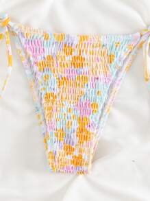 Swim Mod Summer Beach Random Floral Print Bikini Set Smocked Halter Triangle Bra Top & Tie Side Bikini Bottom 2 Pieces Bikini - Multicolor - View 5