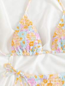 Swim Mod Summer Beach Random Floral Print Bikini Set Smocked Halter Triangle Bra Top & Tie Side Bikini Bottom 2 Pieces Bikini - Multicolor - View 4