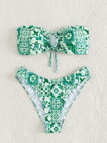 Swim Mod Summer Beach Floral Print Bikini Set Drawstring Bandeau Bra Top & Bikini Bottom 2 Pieces Bikini - Green - View 1