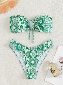 Swim Mod Summer Beach Floral Print Bikini Set Drawstring Bandeau Bra Top & Bikini Bottom 2 Pieces Bikini - Green - View 6