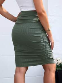 SHEIN Maternity Adjustable Waist Ruched Bodycon Skirt - Green - View 2