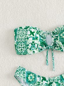 Swim Mod Summer Beach Floral Print Bikini Set Drawstring Bandeau Bra Top & Bikini Bottom 2 Pieces Bikini - Green - View 4