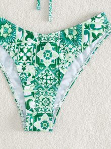 Swim Mod Summer Beach Floral Print Bikini Set Drawstring Bandeau Bra Top & Bikini Bottom 2 Pieces Bikini - Green - View 5