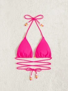 串珠繫帶吊脖三角杯比基尼上衣 - 玫紅色 - 查看 5