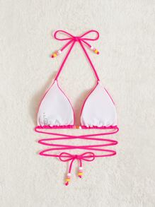 串珠繫帶吊脖三角杯比基尼上衣 - 玫紅色 - 查看 2