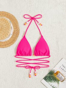 串珠繫帶吊脖三角杯比基尼上衣 - 玫紅色 - 查看 6