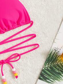 串珠繫帶吊脖三角杯比基尼上衣 - 玫紅色 - 查看 3