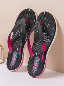 Fashion Flip Flops For Women, Two Tone Toe Post Design Slippers - Black - View 4