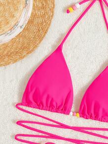 串珠繫帶吊脖三角杯比基尼上衣 - 玫紅色 - 查看 4