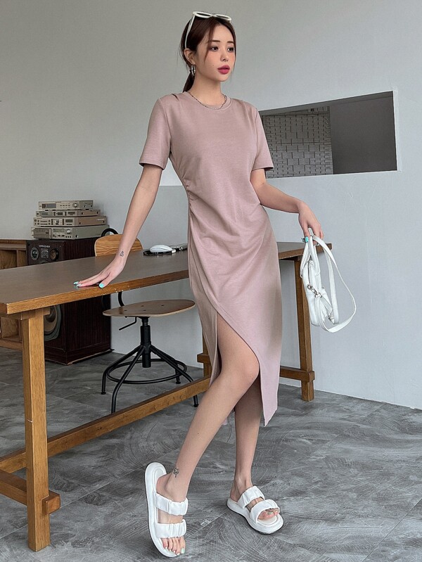 DAZY 纯色开叉下摆T恤连衣裙太阳裙，休闲女装