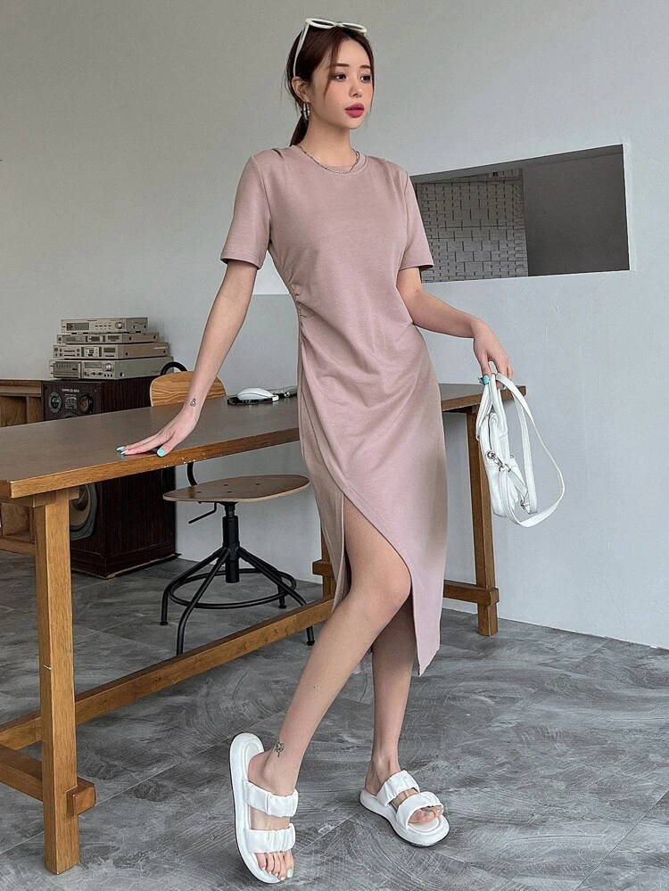 Solid Split Hem Tee Dress Sundress,Casual Women Dresses