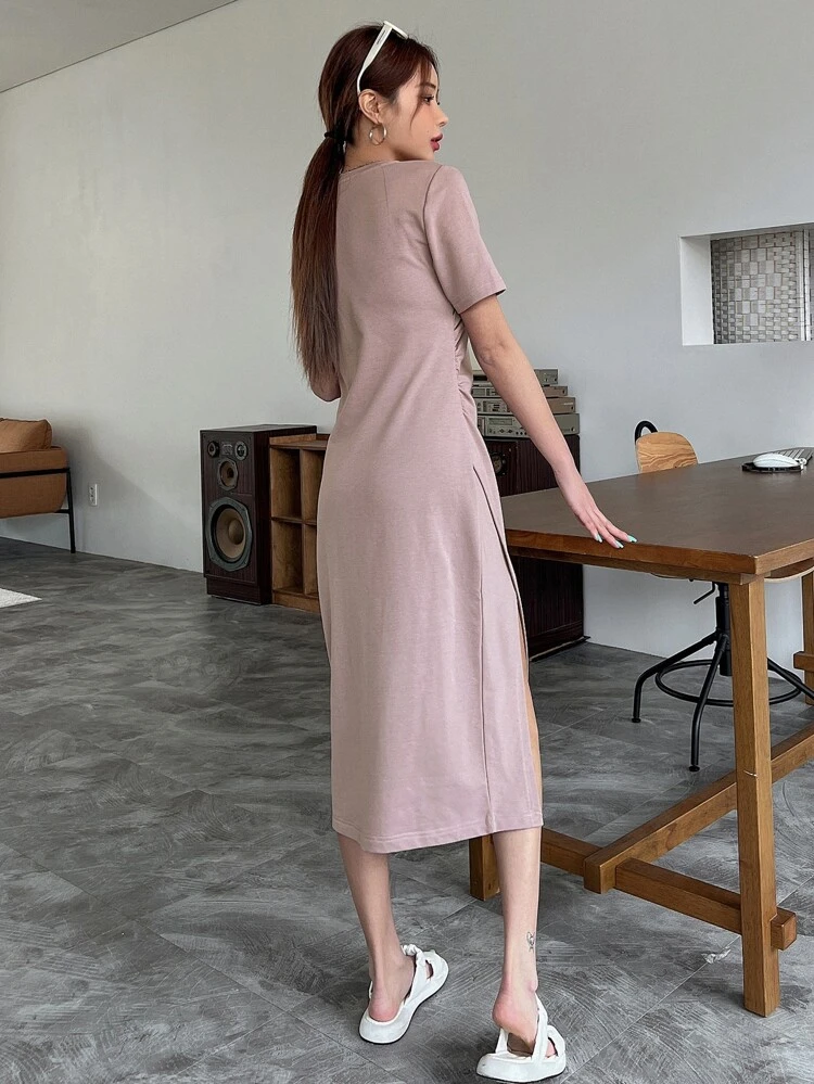 Solid Split Hem Tee Dress Sundress,Casual Women Dresses