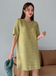 DAZY Solid Round Neck Tunic Dress - Olive Green - View 4