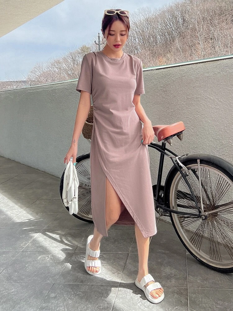 Solid Split Hem Tee Dress Sundress,Casual Women Dresses