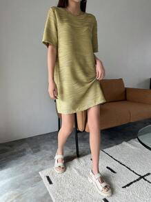 DAZY Solid Round Neck Tunic Dress - Olive Green - View 5