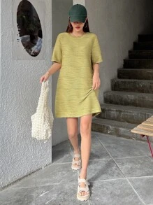DAZY Solid Round Neck Tunic Dress - Olive Green - View 6