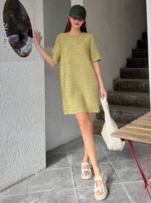 DAZY Solid Round Neck Tunic Dress - Olive Green - View 7