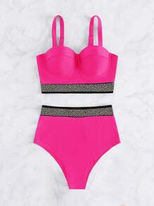 Rhinestone Detail Push Up Bikini - Hot Pink - View 3