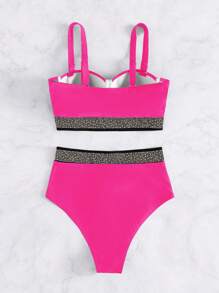 Rhinestone Detail Push Up Bikini - Hot Pink - View 2